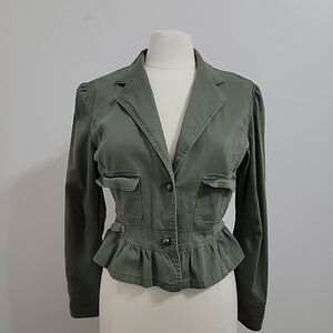 AC-3998 Womens M Green Button Front Elegant Jacket Canvas Stretc Cotton